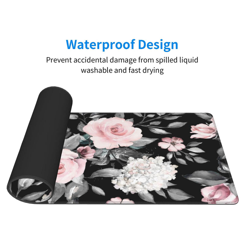 [Australia - AusPower] - Floral Extended Gaming Mouse Pad Non-Slip Rubber Base Black Large Mousepad 31.5x11.8in with Stitched Edge Waterproof Pink Peony Flowers Pads Computer Black Desk Laptop Mats for Work/Game/Office/Home Flower 