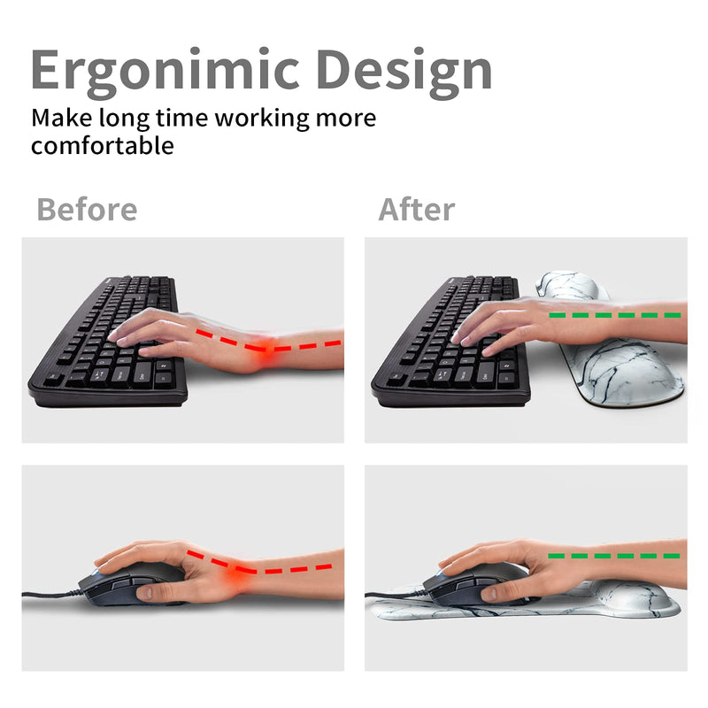 [Australia - AusPower] - Wrist Rest Support Ergonomic Gel Mouse Pad & Memory Foam Keyboard Set Non-Slip Rubber PU Base Easy Typing and Relieve Wrist Pain Mouse Mat for Computer Office - White Marble 