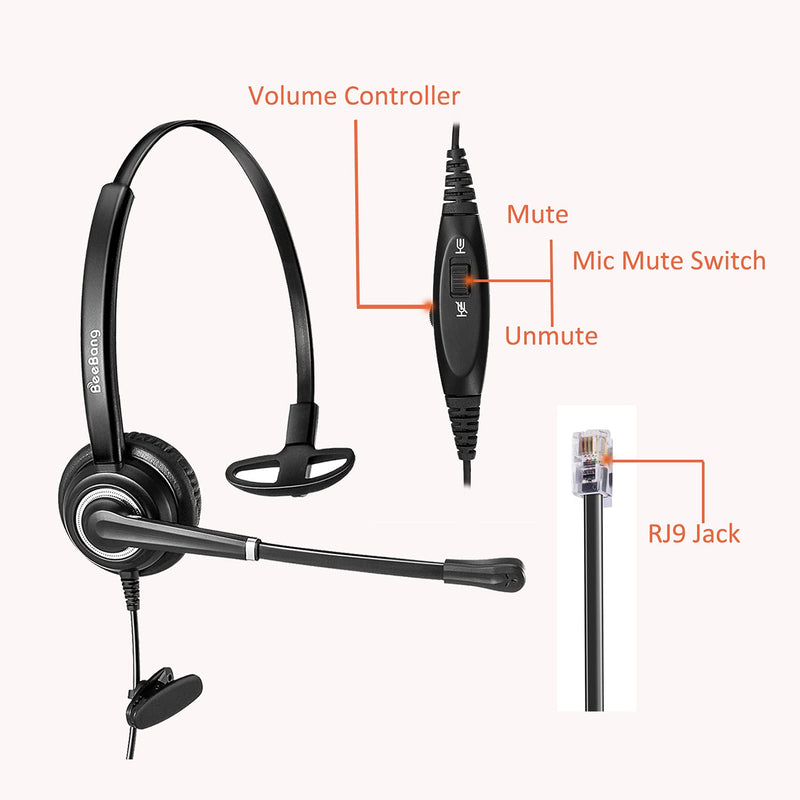 [Australia - AusPower] - Beebang Office Telephone Headset RJ9 Jack with Pro Noise Canceling Microphone and Mute Switch Controls for Plantronics Jabra Polycom Mitel Nortel Shoretel Aastra Avaya Alcatel Landline Phones 