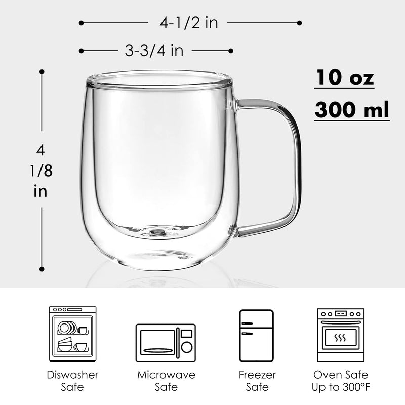 [Australia - AusPower] - Double Wall Insulated Glasses Espresso Cups with Handle [2-Pack,10 Oz] Clear Glass Coffee Mug Set for Cappuccino Tea Latte Beverage, Glasses Heat Resistant Dishwasher Microwave Safe 10oz 