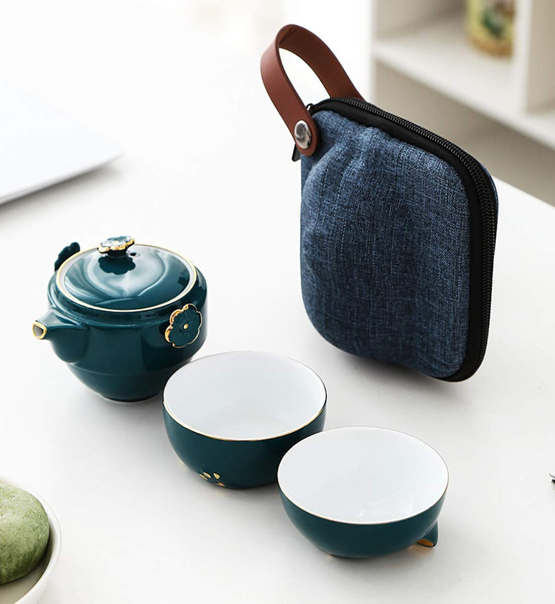 [Australia - AusPower] - Portable Ceramic Tea Cup Set: Lucky Cat Porcelain Teapot Set with Tea Strainer - Lids and 1 Shockproof Storage Case - Suitable for Travel - Outdoor Picnic - Office Work - Home - Green 