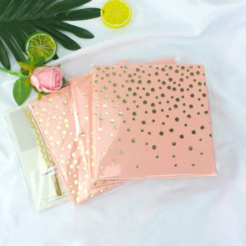[Australia - AusPower] - Pink Luncheon Paper Napkins Stamped with Sparkle Gold Foil Dots - Folded 6.5 x 6.5 inch/Unfolded 13 x 13inch for Dinner Party, Cocktail, Bridal/Baby Shower, Birthday Party (48 Count) Polka Dots 