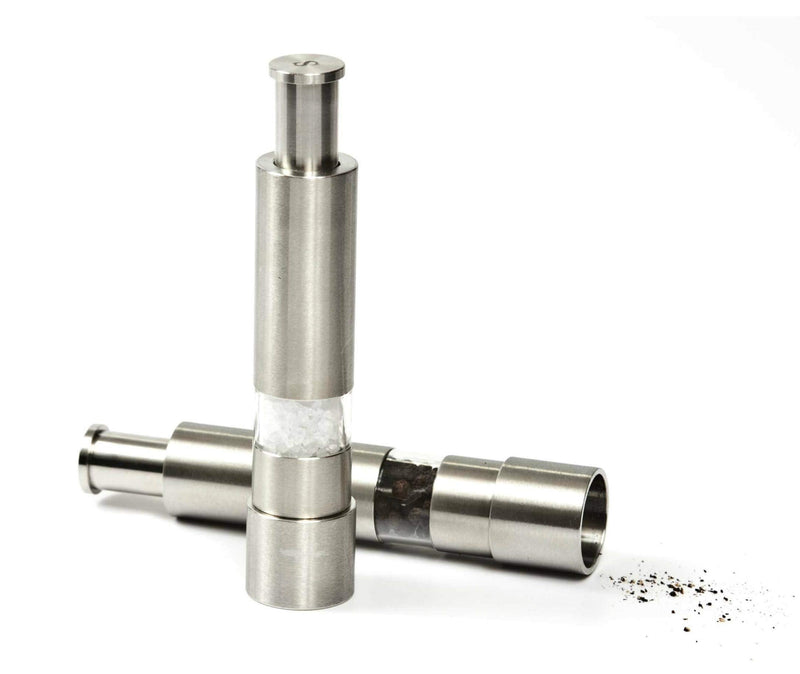 [Australia - AusPower] - Grind Gourmet Salt and Pepper Grinder Set, Original Pump & Grind Peppermill are Refillable, Modern Thumb Press Grinder, Comes with Black Pepper, Sea Salt and Stand, Works With Himalayan Salts 316 Stainless Steel 