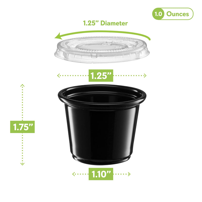 [Australia - AusPower] - {1 oz - 100 Sets} Black Diposable Plastic Portion Cups With Lids, Small Mini Containers For Portion Controll, Jello Shots, Meal Prep, Sauce Cups, Slime, Condiments, Medicine, Dressings, Crafts, Disposable Souffle Cups & Much more 1 Ounce 
