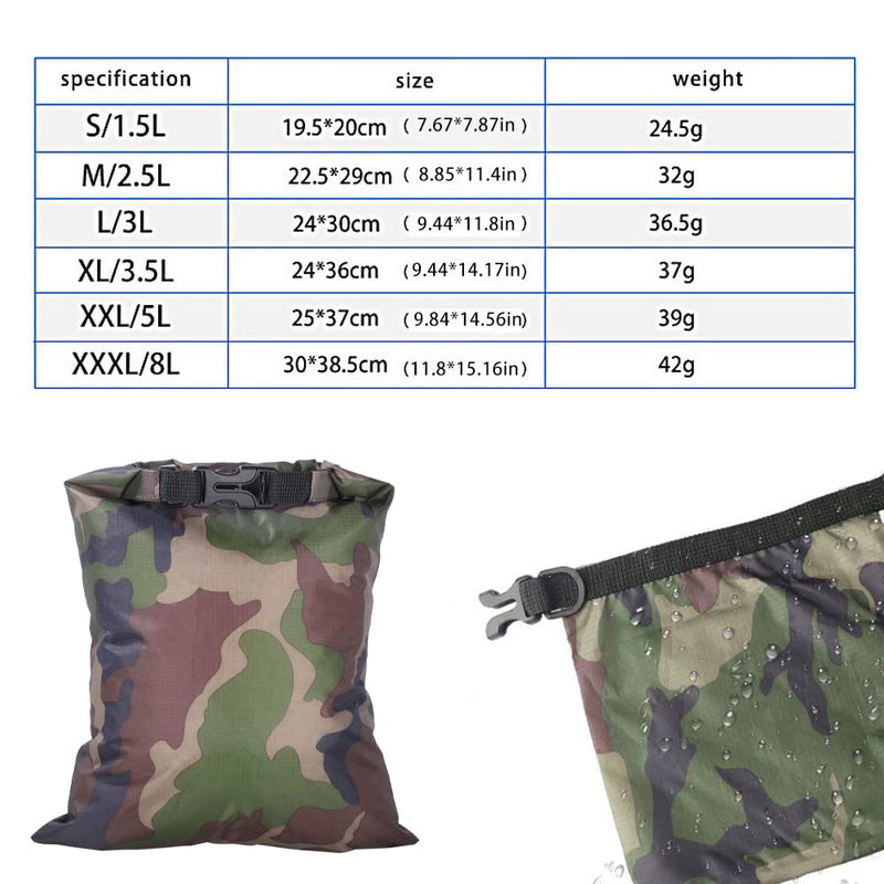 [Australia - AusPower] - 6 Pack Waterproof Dry Sacks, Lightweight Outdoor Dry Bags Ultimate Dry Bags for Kayaking Rafting Camping (8L, 5L, 3.5L, 3L, 2.5L, 1.5L) Camouflage 