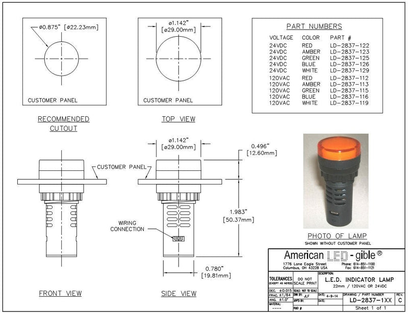[Australia - AusPower] - American LED-gible LD-2837-122 LED 22mm Indicator Light, 24V Red 