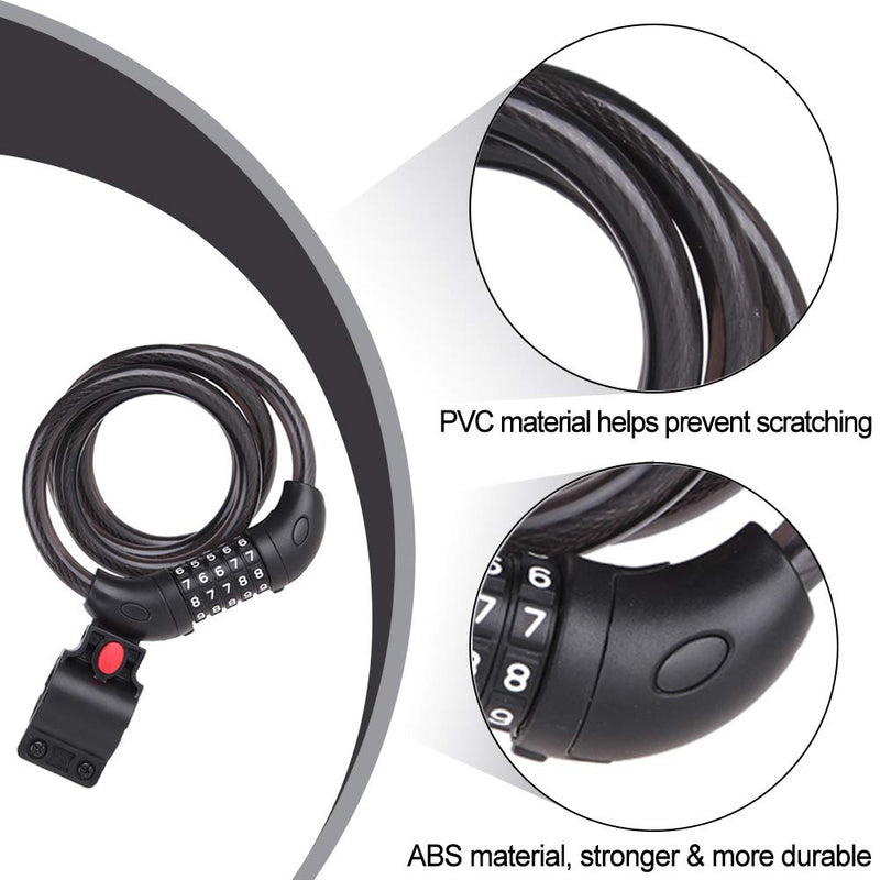 [Australia - AusPower] - NDakter Bike Lock Cable, 4 Feet High Security 5 Digit Resettable Combination Coiling Bike Cable Lock, Anti Theft Bicycle Cable Locks with Mounting Bracket, 1/2 Inch Diameter Black 