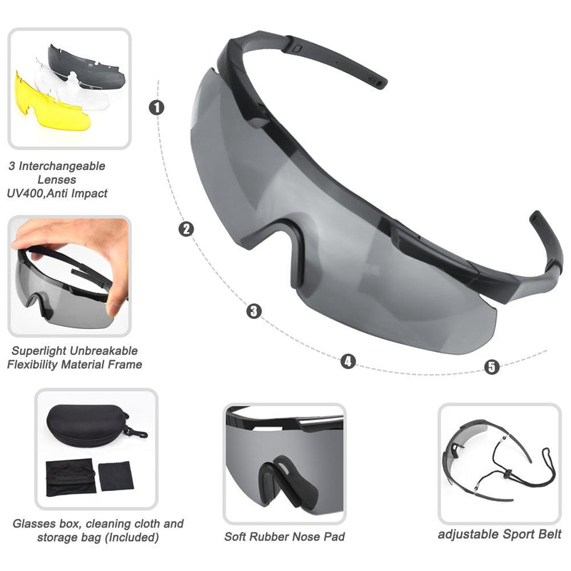 [Australia - AusPower] - Xaegistac Tactical Eyewear 3 Interchangeable Lenses Outdoor Unisex Shooting Glasses Black Frame 