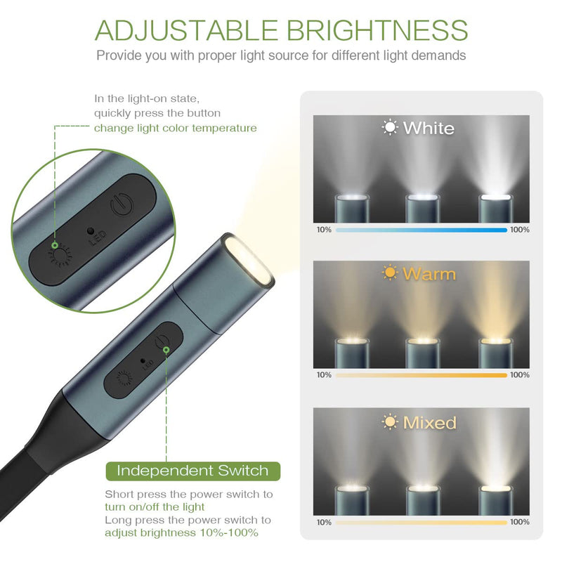 [Australia - AusPower] - KeeKit Neck Book Light, Rechargeable LED Reading Light with Adjustable Brightness Light, 3 Color Temperature Neck Lamp with Bendable Arms, Hands Free for Reading, Knitting, Camping, Repairing Black - Upgraded 