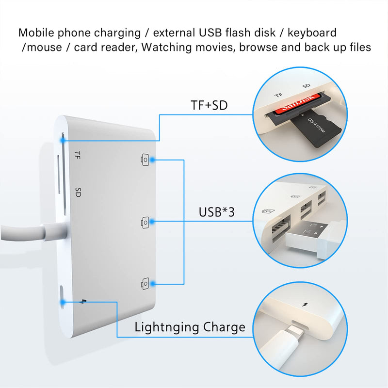 [Australia - AusPower] - Miscloder Lightning to USB Adapter for iPhone/iPad Series,High-Speed Data Transfer 6 in 1 USB Female OTG Adapter with Charging Port, Portable SD TF Card Reader Plus and Play 