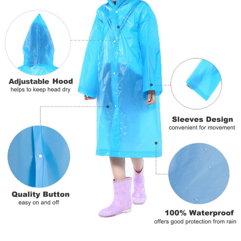 [Australia - AusPower] - Portable Kids Rain Poncho, Opret Reusable Raincoat with Hoods and Sleeves, Durable, Lightweight for Outdoor Activities 2 Pack Blue 