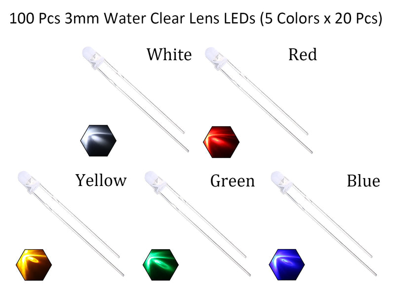 [Australia - AusPower] - EDGELEC 100pcs 3mm 5 Colors x 20pcs Assorted Colors Lights LED Diodes Clear Round Lens 29mm Long Lead +200pcs Resistors (for DC 6-12V) Included,Bulb Lamps Light Emitting Diode [A] 3mm Constant Light [01] 5 Color X 20pcs / 100pcs 