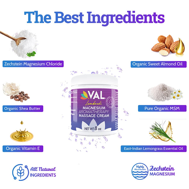 [Australia - AusPower] - VAL Pure Zechstein Topical Magnesium Chloride Dual Purpose Massage Cream with MSM and Organic Oils 8 OZ Muscle Relaxant Cream Easy Glide More Workability for Whole Body Non Greasy Used by Therapists 