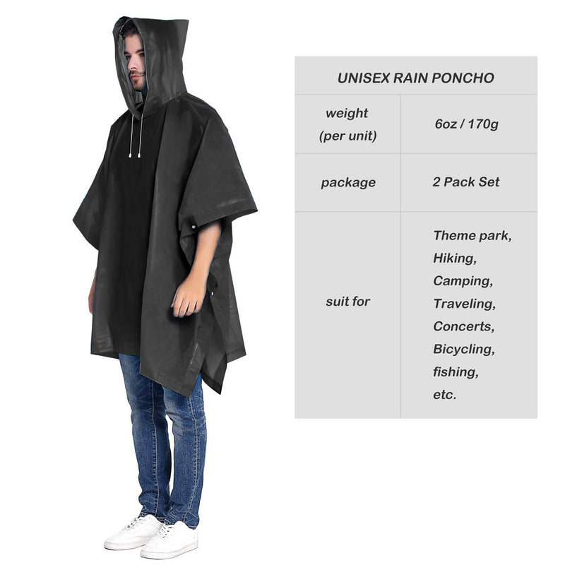 [Australia - AusPower] - ANTVEE Rain Ponchos for Women and Men (2 Pack) with Drawstring Hood for Adults Black 