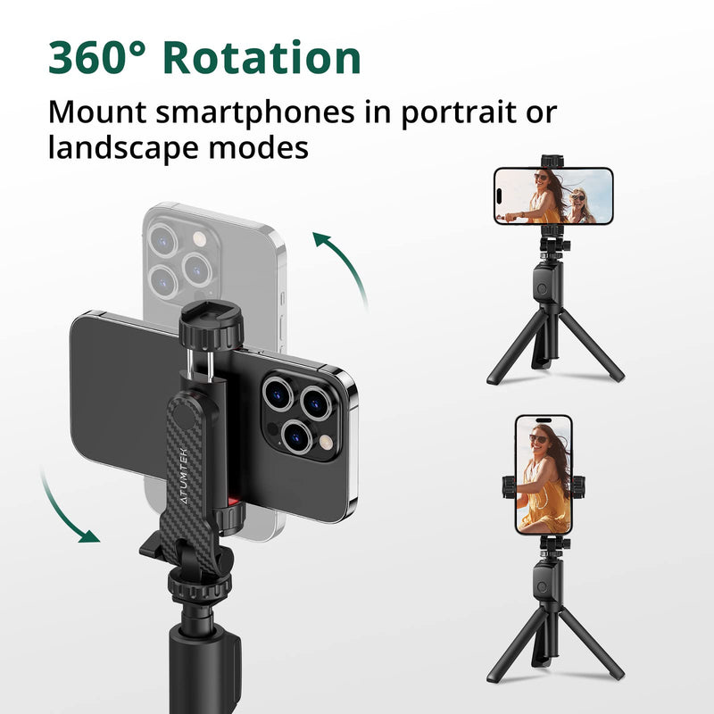 [Australia - AusPower] - ATUMTEK Phone Tripod Mount, Universal Smartphone Mount Adapter with 2 Cold Shoe and 1/4" Standard Screw, 360° Rotates and 180° Tilts Adjustable Cell Phone Clamp Holder for Perfect Mobile Photography Black 