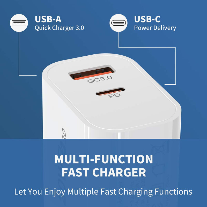 [Australia - AusPower] - iPhone Fast Charger, 20W Fast Charging Dual-Port Wall Charger Plug with Cables, PD/QC3.0 USB C Power Adapter for iPhone 12,12 Mini,12 Pro Max,iPhone 11 Pro Max, iPad Pro, AirPods Pro, and More 