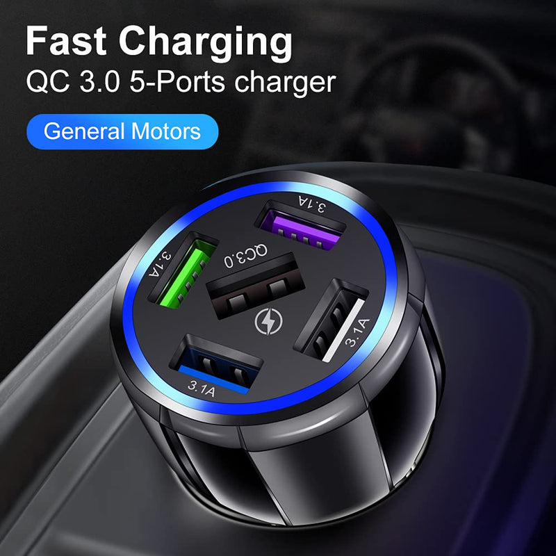 [Australia - AusPower] - 5-Port USB Car Charger, QC3.0 Fast Charging 5 USB Car Charger Adapter 15A Smart Shunt Car Phone Charger with Light, Suitable for iPhone & Android,Samsung Galaxy S10 S9 Plus 