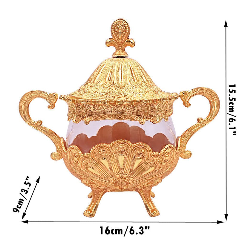 [Australia - AusPower] - Hourwof Sugar Bowl with Lid and Spoon for Kitchen Coffee Bar and Wedding Party,Metal and Glass Sugar Container for Sugar Cube and Powder Sugar,Spice Condiment Container,Salt Server,Gold Gold 