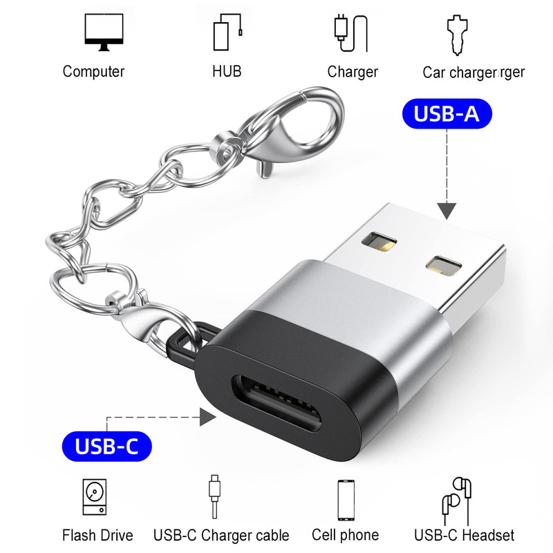 [Australia - AusPower] - USB C Female to USB Male Adapter 2 Pack, USB A Male to USB C Female Cable Converter with Keychain, USBC Type C Connector Charge & Data Sync for Laptop Car Charger Headphone Computer Hub etc. Silver+Black 