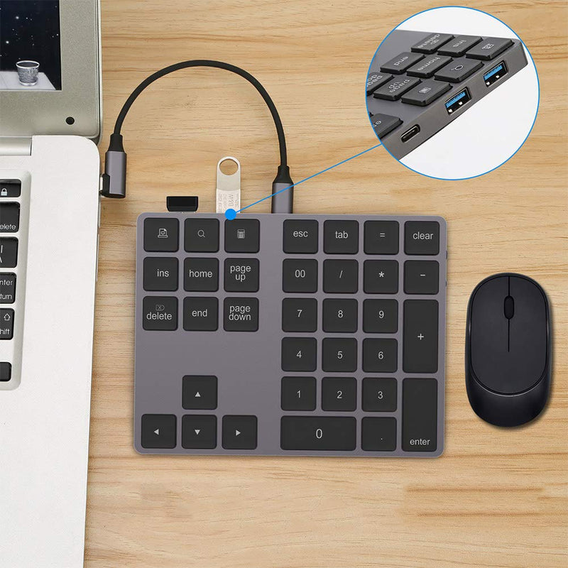 [Australia - AusPower] - Wired/Bluetooth Numeric Keypad, Portable Wireless Bluetooth 34-Key External Number Pad with 2 USB 3.0 Interface for Computer Laptop Windows, OS, Android(Black) Black 