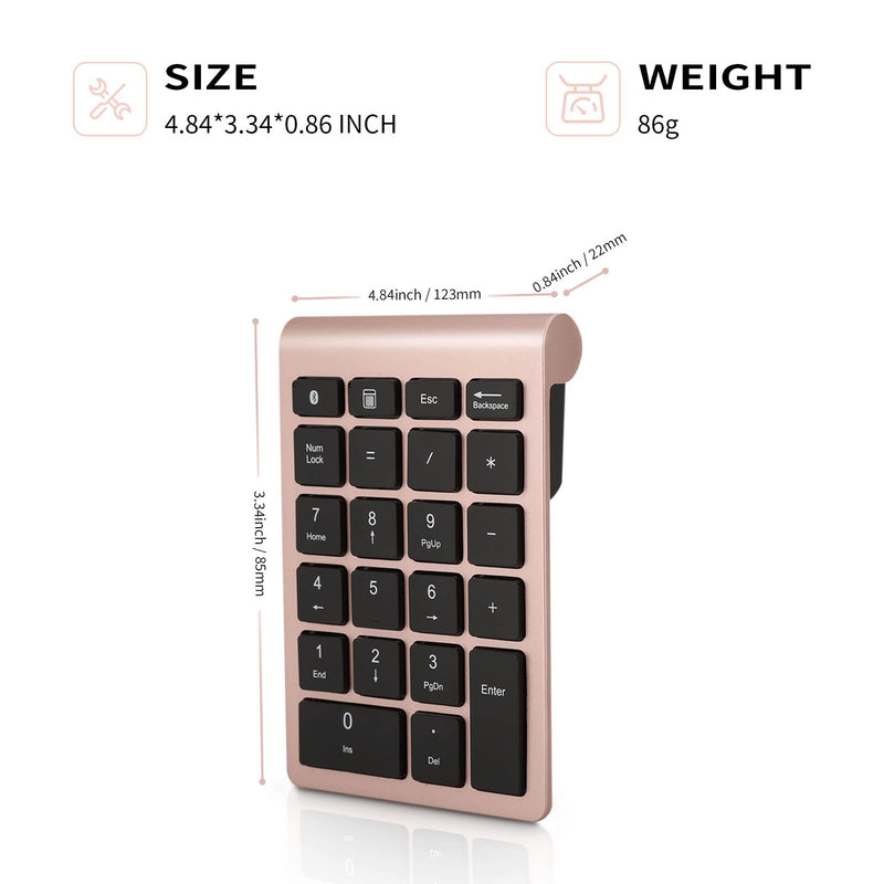 [Australia - AusPower] - Bluetooth Number Pad, 22 Keys Number Keypad with Shortcut Key, 10Keys Portable Financial Accounting Wireless Number Pad, Bluetooth 5.0 Numeric Keyboard for Laptop, PC, Desktop, Pad(Rose Gold) 