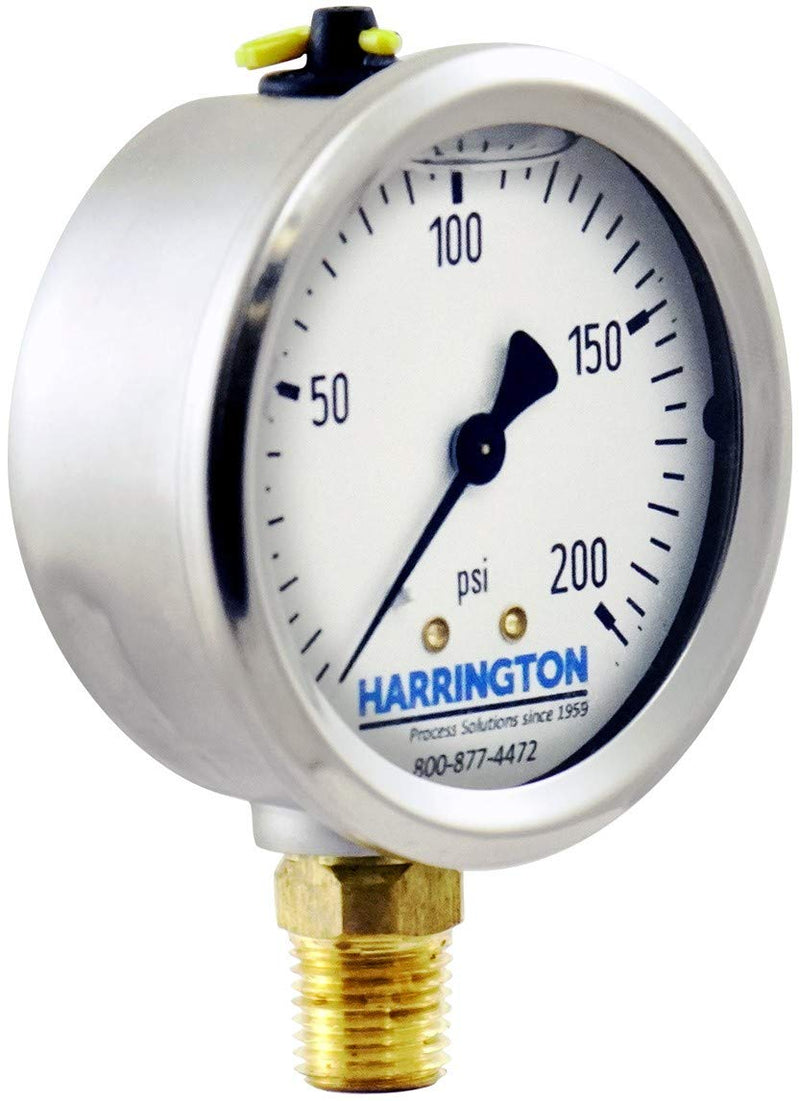 [Australia - AusPower] - Harrington 52895689 2-1/2" Liquid Filled Pressure Gauge 0/200 psi 304 Stainless Steel with Vented Fill Plug 1/4" NPT Bottom Mount Industrial Grade A +/- 2/1/2% Accuracy ASME B40.100 Model 213.53 