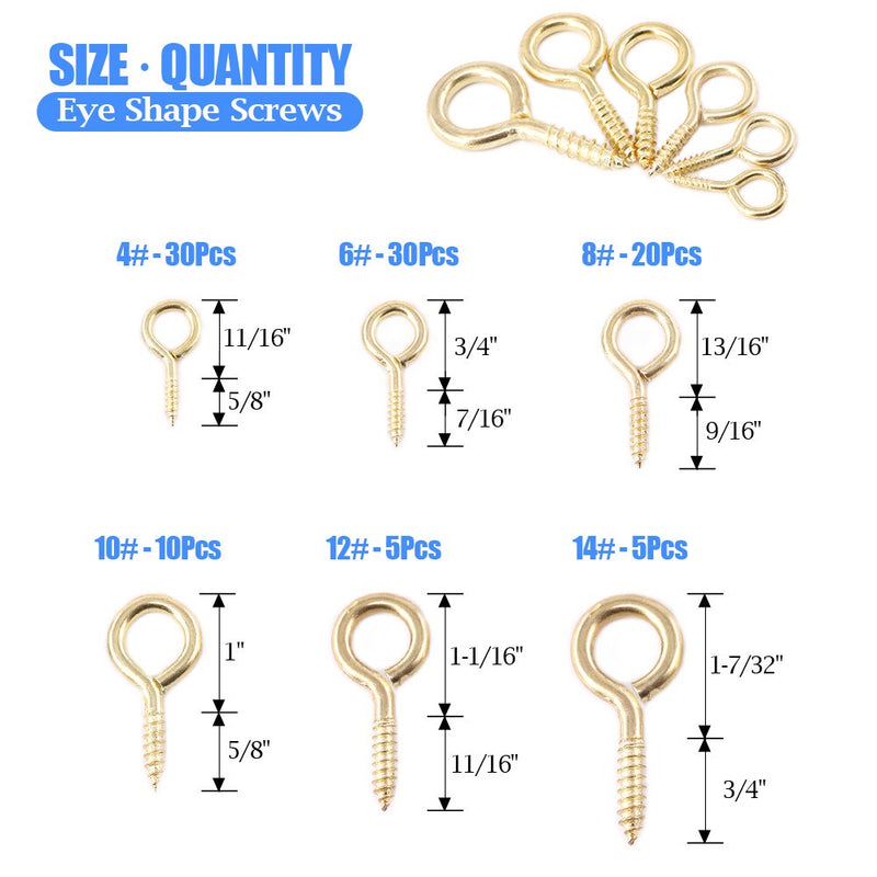 [Australia - AusPower] - Glarks 100-Pieces 6 Size Brass Plated Lag Eyebolts Screw-in Eye Shape Screw Hooks Hanging Hooks Assortment Set 