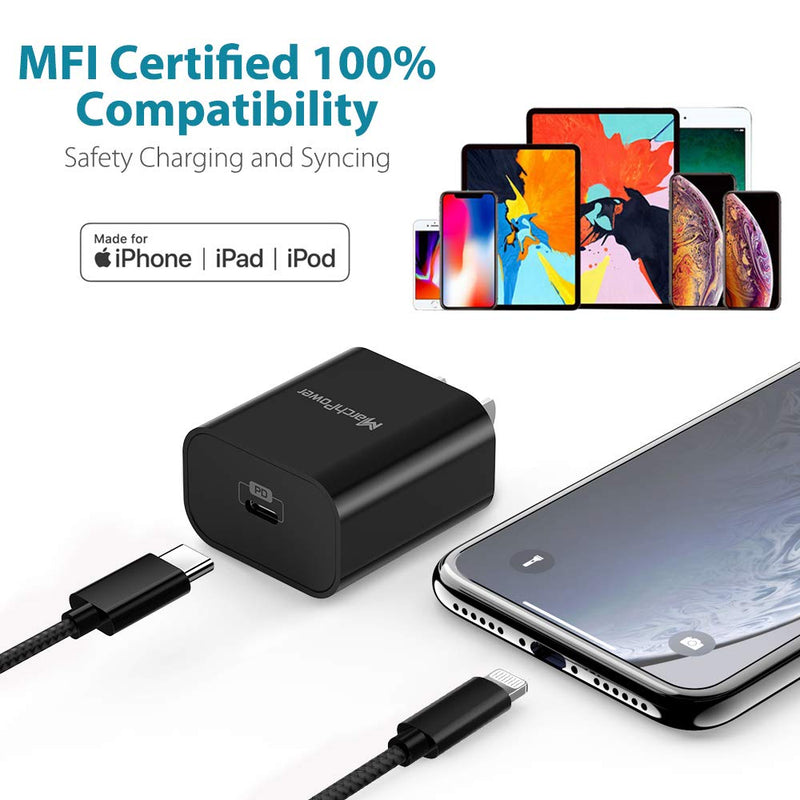 [Australia - AusPower] - iPhone Fast Charger - MFi Certified - 18W Type C Power Adapter Wall Plug with 6ft C to Lightning Cable Quick Charge Sync Cord Compatible with iPhone 12 SE 11 Pro MAX X XS XR 8 AirPods Pro iPad Black 
