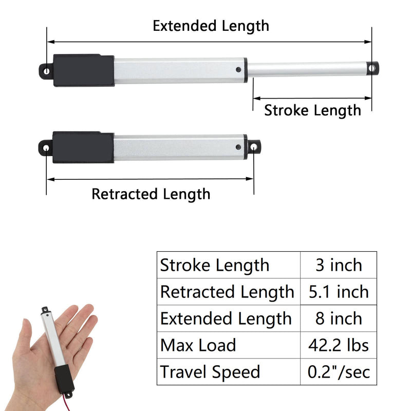 [Australia - AusPower] - JQDML Mini Micro Linear Actuator Metal Gear 12V, Stroke 3 inch, Pushing Force 42.2 lbs Speed 0.2"/sec, Weight: 0.16lbs, for Cabinets Robotics Home Automation and Toys (3 inch, 42.2 lbs) 