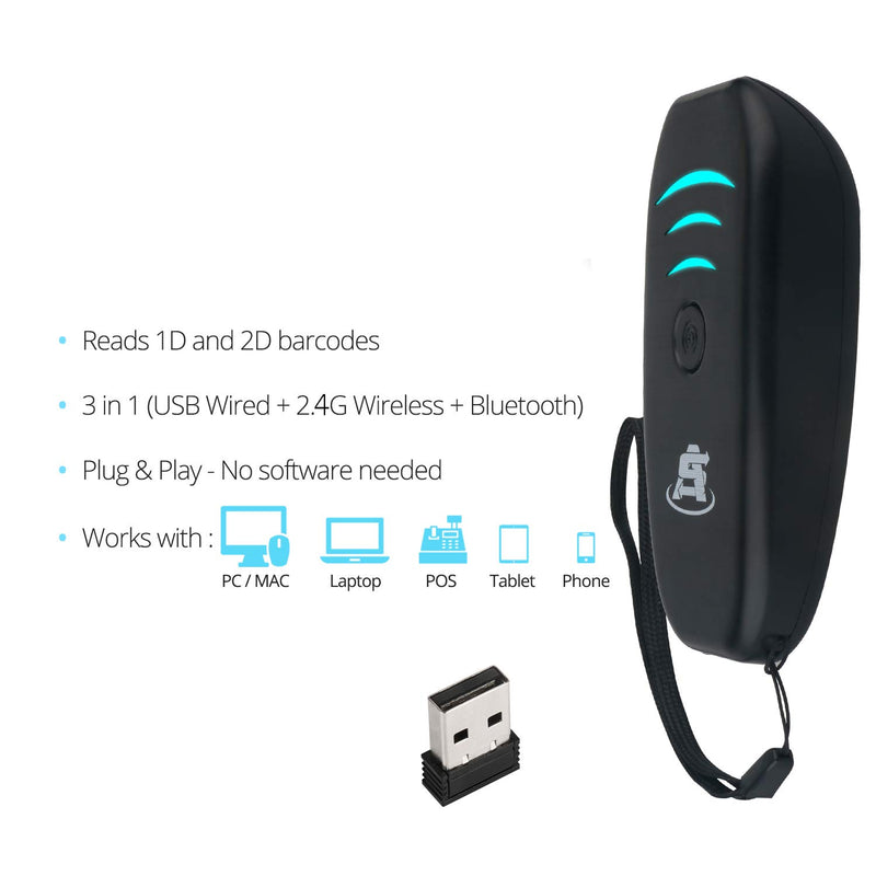 [Australia - AusPower] - ScanAvenger Portable Mini-Wireless Bluetooth Barcode Scanner: 3-in-1 Hand Scanners - Cordless, Rechargeable 1D & 2D Scan Gun for Inventory Management - Wireless, Handheld, USB Bar Code/QR Code Reader 