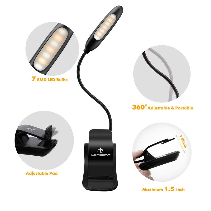 [Australia - AusPower] - LENCENT Book Light, (70 Hours) Rechargeable 7 LED USB Reading Light with 3 Brightness x 3 Color, Eye Protection Clip Light, Bed Lamp for Kids&Bookworms,for Bed, Sofa, Music Stand, Office, Travel 