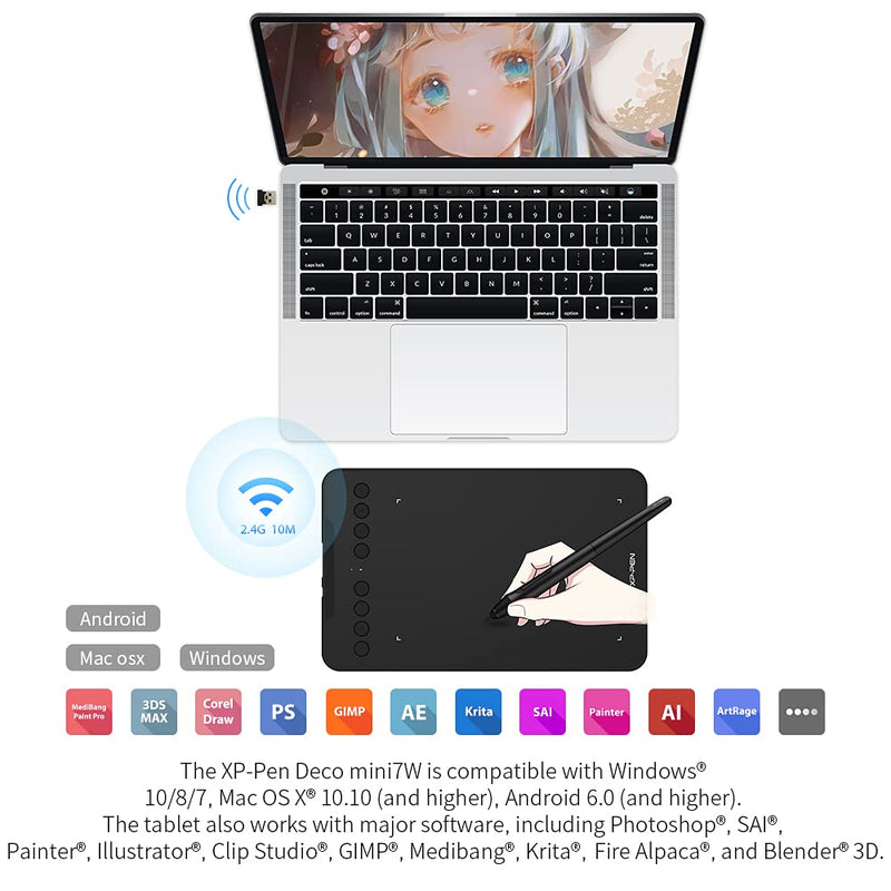 [Australia - AusPower] - XP-PEN Deco mini7W Wireless Graphics Drawing Tablet 7X 4.37 Inches Drawing Tablet with 8192 Levels Pressure Battery-Free Stylus and 8 Shortcuts Key for Digital Drawing Online Teaching Art Creation Medium 