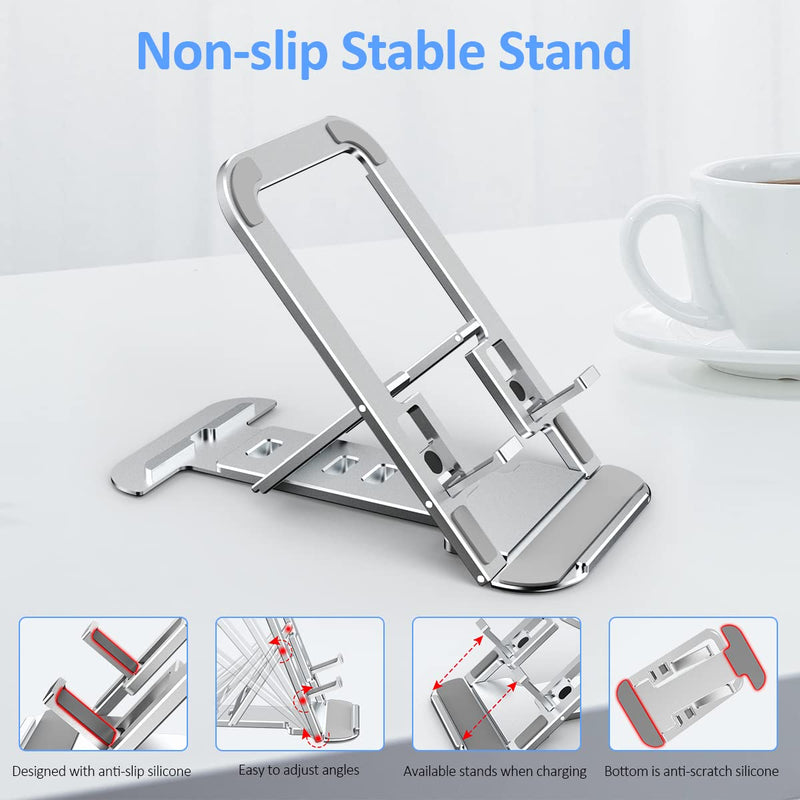 [Australia - AusPower] - FMOUSE Adjustable Cell Phone Stand, Aluminum Phone Holder 2 Heights Non-Slip Stable Tablet Stand, Fully Foldable Phone Bracket, Compatible with Smartphone & Tablet (Silver) Silver 