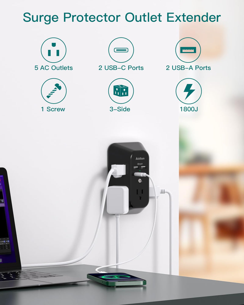 [Australia - AusPower] - Surge Protector Outlet Extender - Addtam 5-Outlet Splitter with 4 USB Wall Charger(2 USB-C Ports), Multi Plug Outlet Power Strip for Home, Dorm Room Essentials, Black 2C2A 