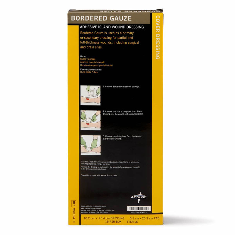 [Australia - AusPower] - Medline Bordered Gauze, 4" x 10" Adhesive Island Wound Dressing, Sterile, 15 Count 4" X 10" (2" X 8" pad) 