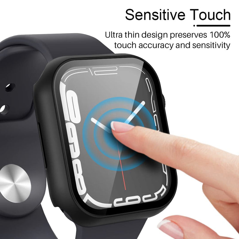 [Australia - AusPower] - TAURI 2 Pack Hard Case Compatible for Apple Watch Series 7 45mm Built in 9H Tempered Glass Screen Protector Slim Bumper Touch Sensitive Full Protective Cover for iWatch 45mm-Black Black 45 MM 