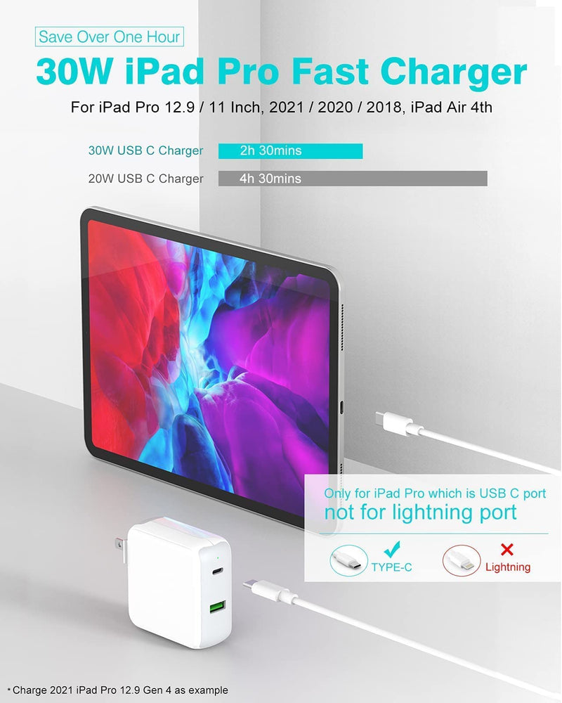 [Australia - AusPower] - USB C Charger for MacBook Air 13 inch, 12 in, iPad, iPhone, Samsung, 48W Dual Port with 30W USB-C Power Adapter for Mac Book Air M1 2020 2019 2018, 6.6ft Type C to C Cable 