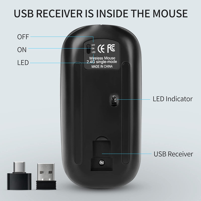 [Australia - AusPower] - LED Wireless Mouse Slim Silent Mouse 2.4G Rechargeable Wireless Computer Mouse Wireless Mouse for Laptop, MacBook, iPad, Chromebook, with USB & Type-c Receiver Black with LED Backlit 