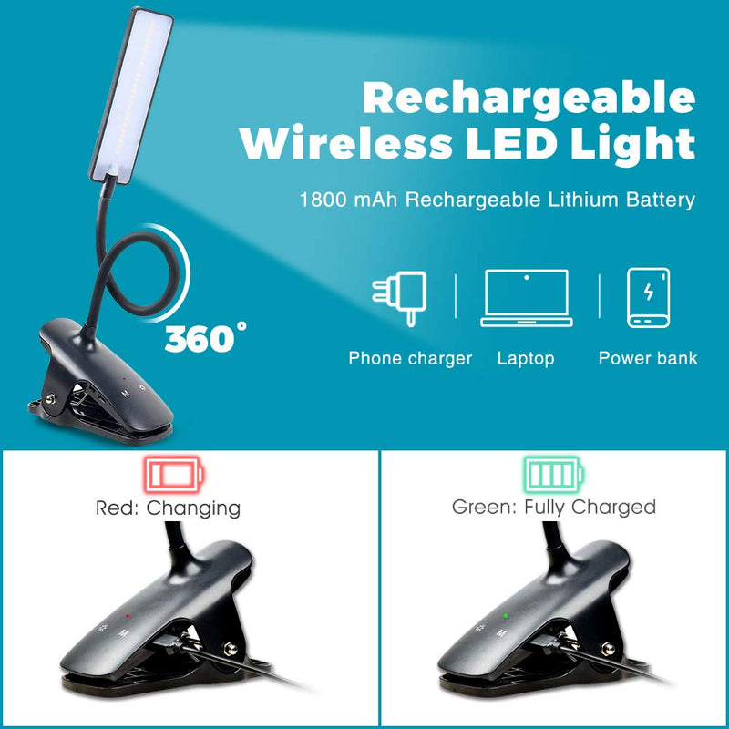[Australia - AusPower] - CUHIOY Reading Light Clip, Portable Clip Desk Lamp, Eye Protect Clip on Light for Bed, Rechargeable Book Light, Led Headboard Reading Light, Clip Light for Reading with Flexible Neck, Kids Night Light Black 