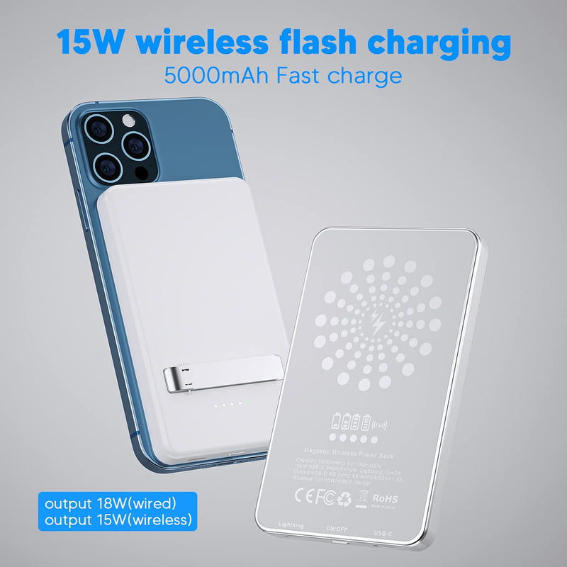 [Australia - AusPower] - Magnetic Wireless Portable Charger, TTWEN 15W Fast Charger Power Bank 5000mAh USB C Charging External Battery Pack Compatible for iPhone 12/12 Mini/Pro/Max (White) White 