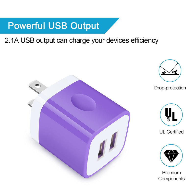 [Australia - AusPower] - Charging Block, Charger Box, 5Pack 2.1A Fast Wall Charger Adapter 2 Port USB Plug Compatible with iPhone 13,12 Pro Max,11 Pro Max,SE,XR,8,7,6 Plus, Samsung Galaxy S21 Ultra S20 FE S10 S9 Plus Note 20 White,Blue,Green,Purple,Rosered 