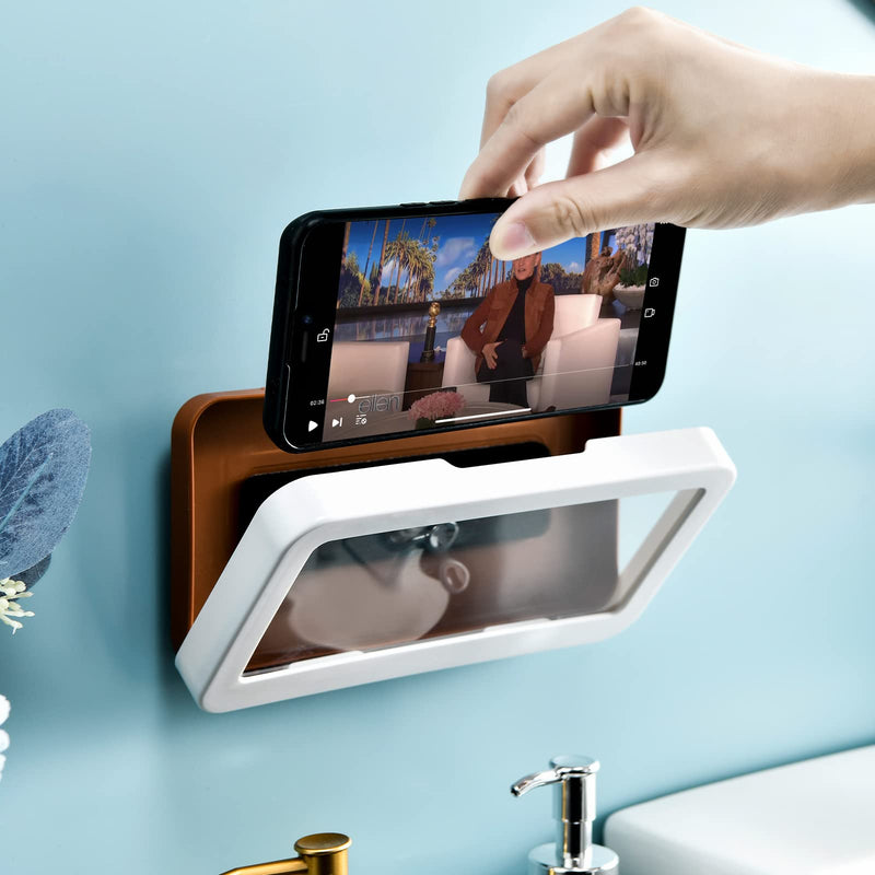[Australia - AusPower] - Shower Phone Holder Waterproof Anti-Fog Touch Screen Wall Mount Phone Holder for Shower Bathroom Mirror Bathtub (White) White 