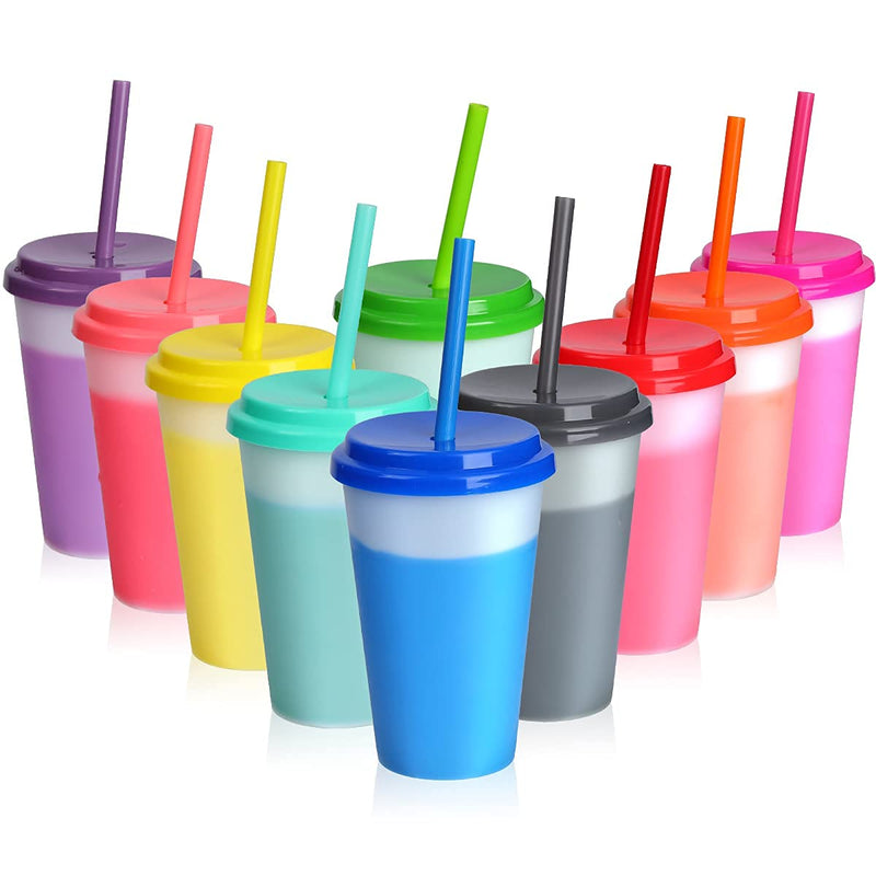 [Australia - AusPower] - Plastic Kids Cups with Lids and Straws - 10 Pack 12 oz Reusable Tumbler with Straw | Color Changing Cup with Lid Adults Bulk Travel Tumblers Drinking Cups for Cold Coffee 