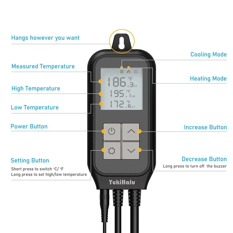 [Australia - AusPower] - YukiHalu Smart Digital Temperature Controller, 2-Outlet Thermostat with Heating and Cooling Modes, for Homebrew Fermentation Breeding Incubation Greenhouse, Reptile and Aquarium 