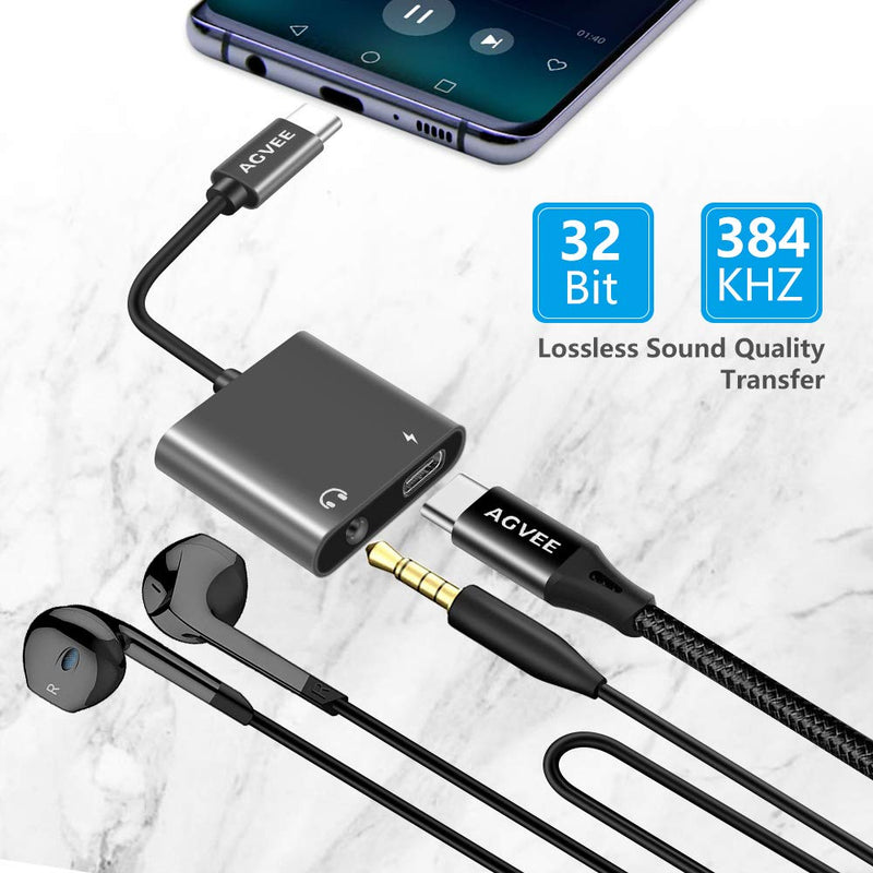 [Australia - AusPower] - AGVEE USB-C to 3.5mm Headphone & Charger Adapter, Type-C Audio Earphone Converter, USBC Microphone AUX Jack Earbud Splitter, PD 27W Charging Dongle for Samsung S21 S20 Note 20/10, Pixel, Gray 
