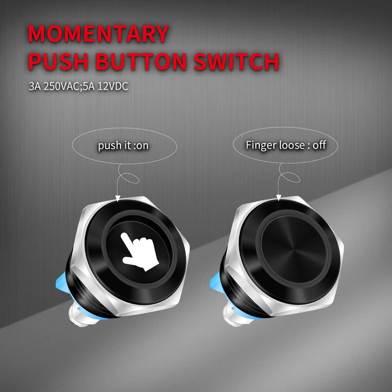 [Australia - AusPower] - DaierTek 12V Round Push Button Switch Waterproof Black Metal 16mm Momentary 1NO SPST DC/AC for Doorbell Horn Handlebar Screw Terminals Flat Button 10pcs 