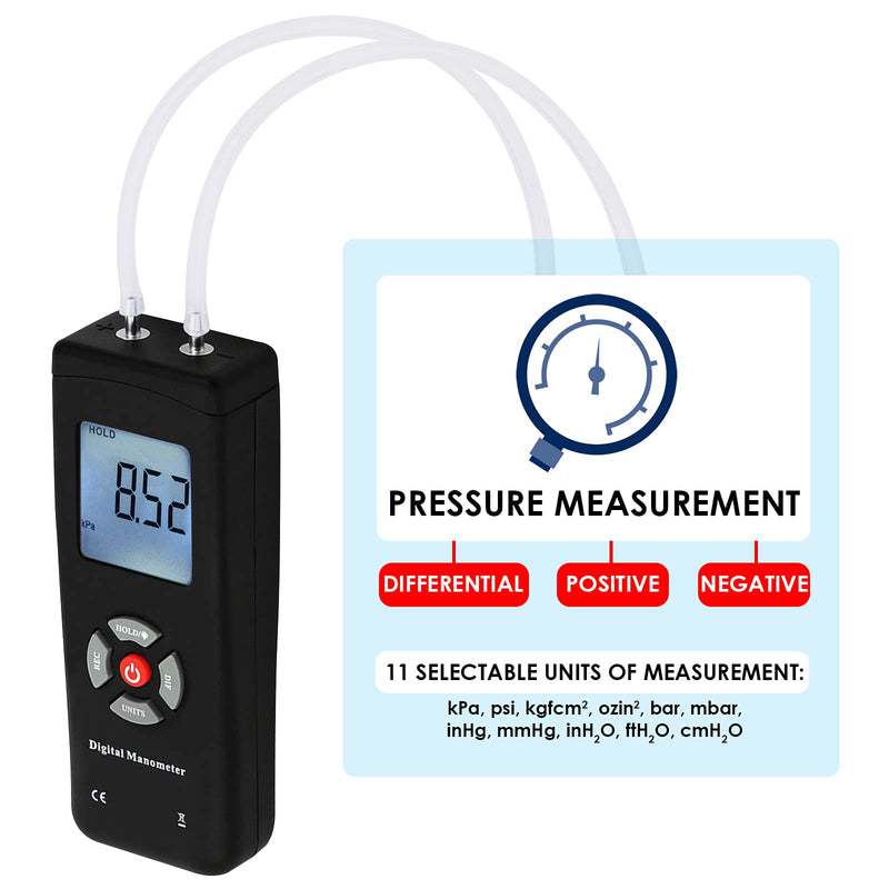 [Australia - AusPower] - GAIN EXPRESS Professional Dual-Port Manometer, Handheld HVAC Gas Pressure Meter, Differential Pressure Gauge, Large LCD with Backlight 