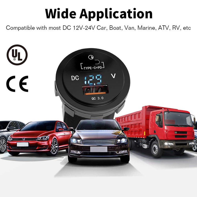 [Australia - AusPower] - 36W Fast USB C Car Charger - MNJ Motor Typec C QC3.0 & PD Charger Socket with LED Voltmeter, Fast Power Delivery Dual Port for Car Boat Marine Motorcycle 