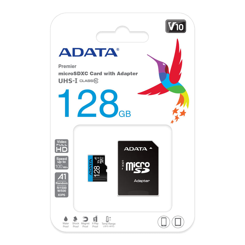 [Australia - AusPower] - ADATA Premier 128GB MicroSDHC/SDXC UHS-I Class 10 V10 A1 Memory Card with Adapter Read up to 100 MB/s (AUSDX128GUICL10A1-RA1) 