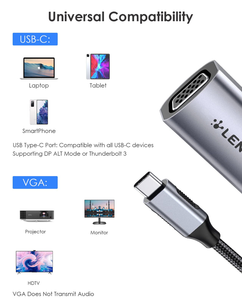 [Australia - AusPower] - LENTION USB C to VGA Adapter, Type C VGA Cable Converter for 2021-2016 MacBook Pro 13/15/16, New iPad/Surface/Mac Air, Samsung S21/S20/S10/Note 21/20, Stable Driver Certified (CB-CU606, Space Gray) 